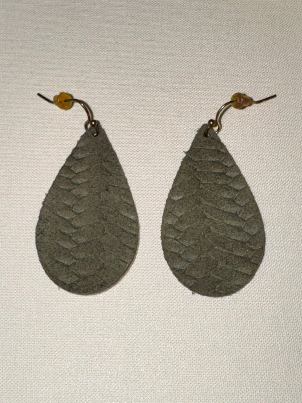 Olive Green Embossed Leather Teardrop Earrings